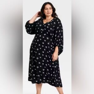 NWT Ava & Viv Black and White Bow Patterned Long Sleeve Dress Multiple Sizes